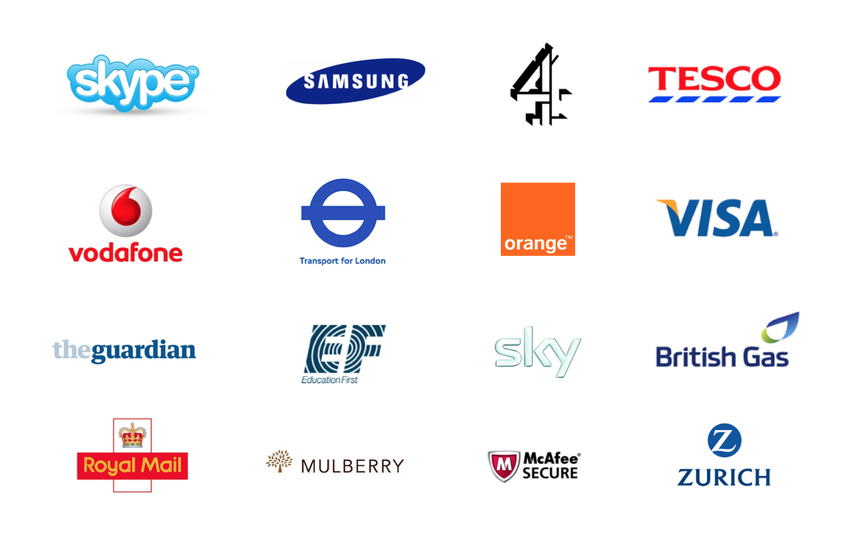 Picture of different company logos, including Skype, Samsung, Channel 4, Tesco, Vodafone, Visa, Orange, The Guardian, and more. 