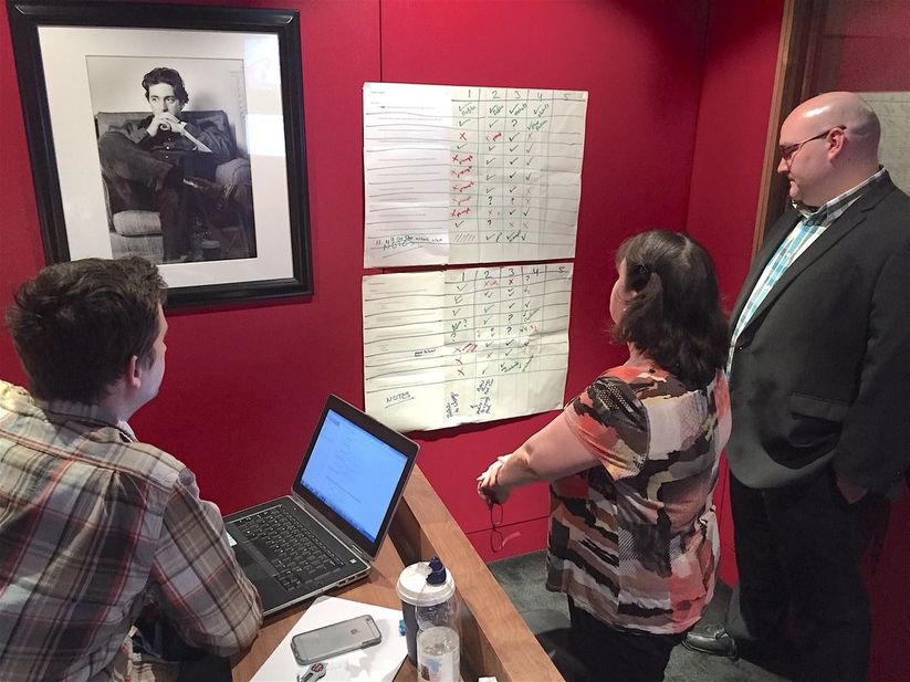 Picture of three people looking at an analysis matrix on a large sheet of paper on a wall.