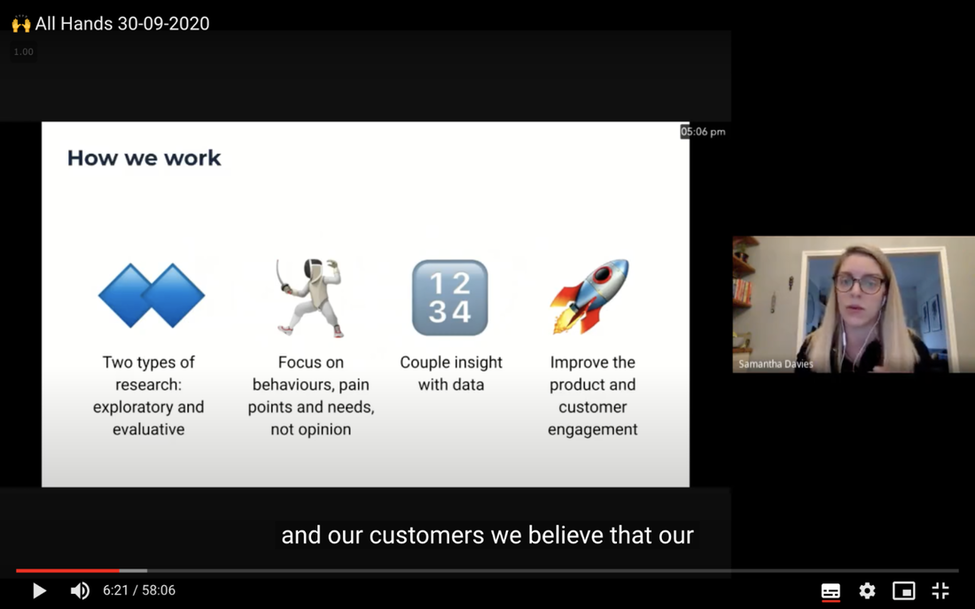 Screenshot of Samantha in a video call presenting a slide deck introducing user research. 