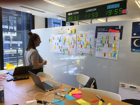 Picture of a person standing in front of a whiteboard in an office with different coloured strips of post-its on different pages