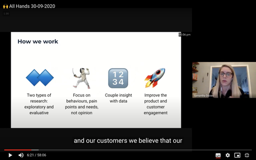 Screenshot of Research presenting a segment at the company All-hands, explaining more about who we are and how we work.Picture